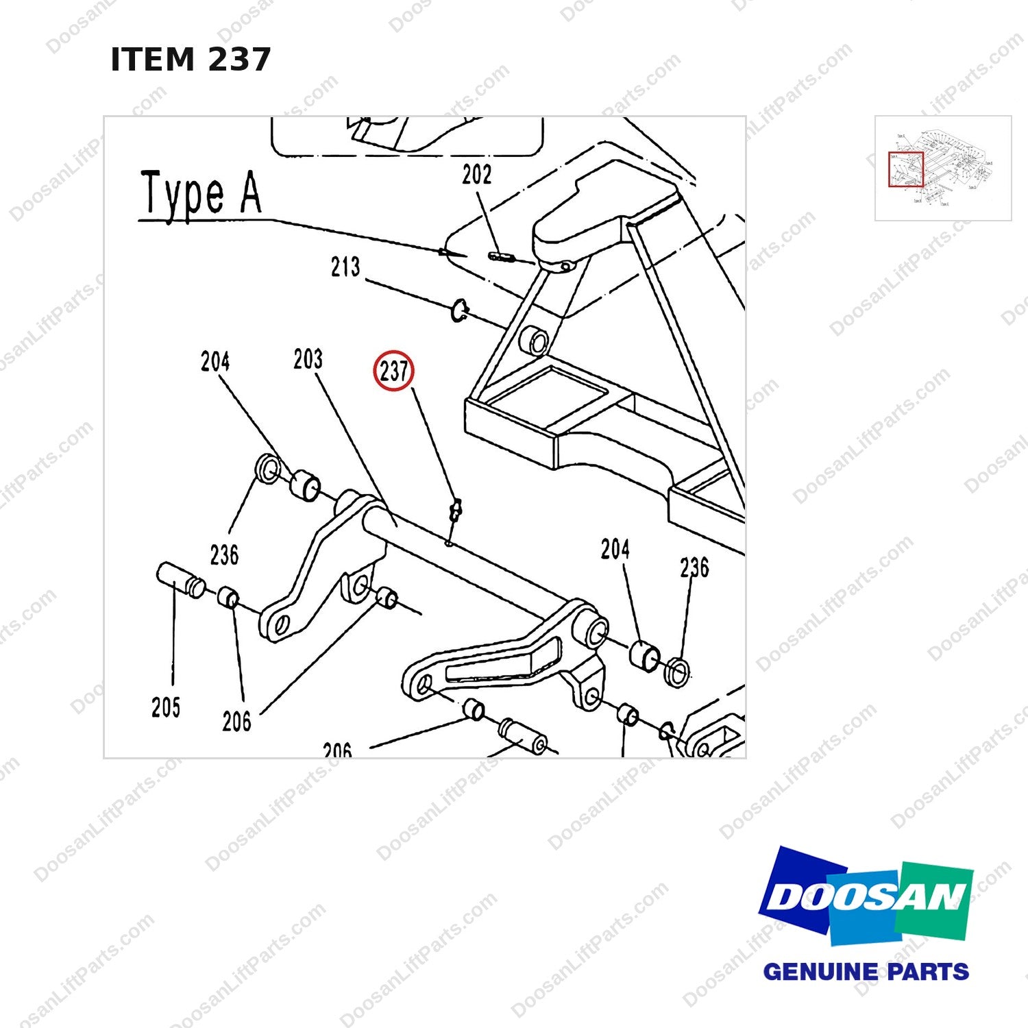 AC237 HPT28 HAND PALLET TRUCK - FRAME - parts diagram, item 237 shown - genuine Doosan / Bobcat forklift part