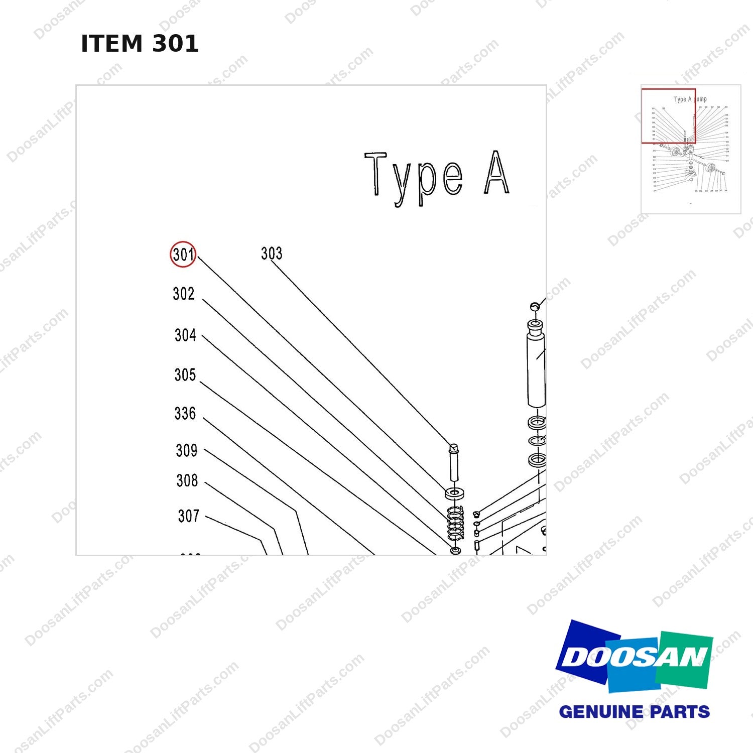 AC301 HPT28 HAND PALLET TRUCK - PUMP - parts diagram, item 301 shown - genuine Doosan / Bobcat forklift part