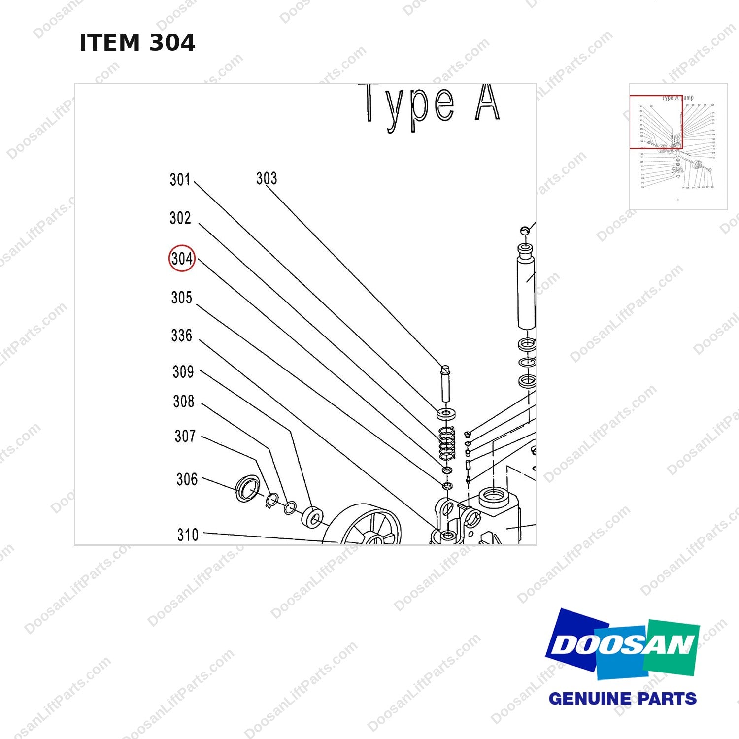 AC304 HPT28 HAND PALLET TRUCK - PUMP - parts diagram, item 304 shown - genuine Doosan / Bobcat forklift part
