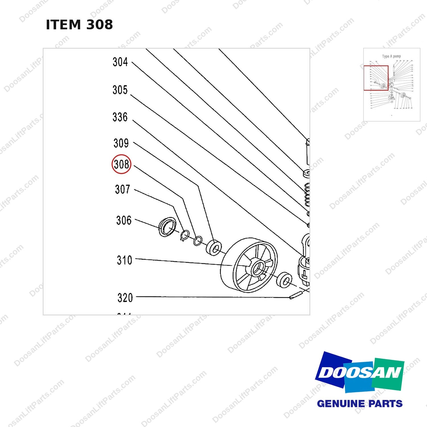 AC308 HPT28 HAND PALLET TRUCK - PUMP - parts diagram, item 308 shown - genuine Doosan / Bobcat forklift part