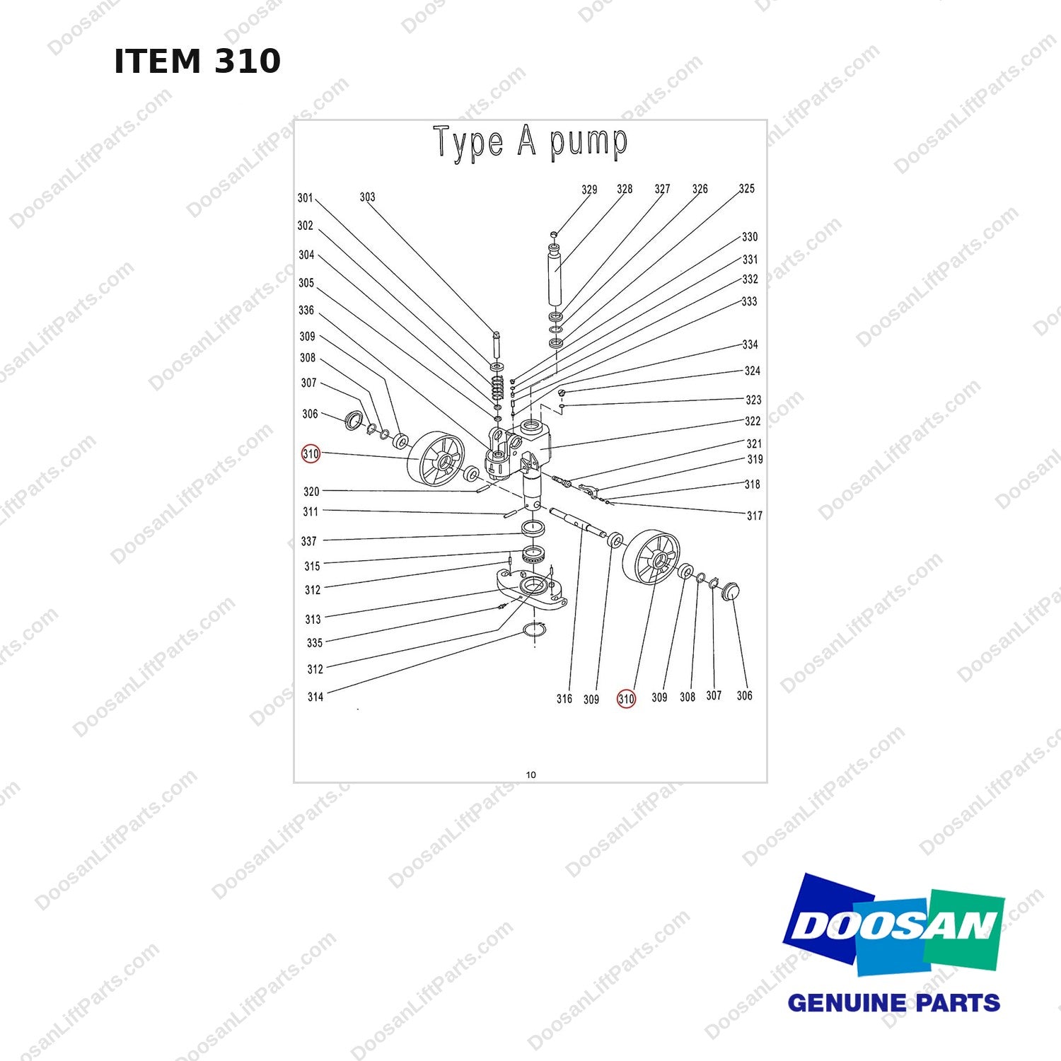 AC310 HPT28 HAND PALLET TRUCK - PUMP - full parts diagram, item 310 marked - genuine Doosan / Bobcat forklift part