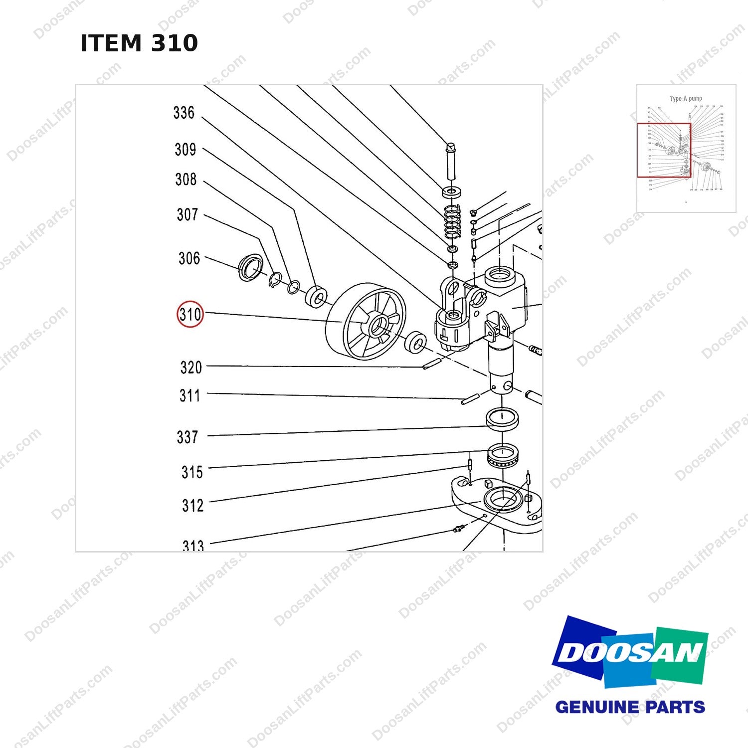AC310 HPT28 HAND PALLET TRUCK - PUMP - parts diagram, item 310 shown - genuine Doosan / Bobcat forklift part