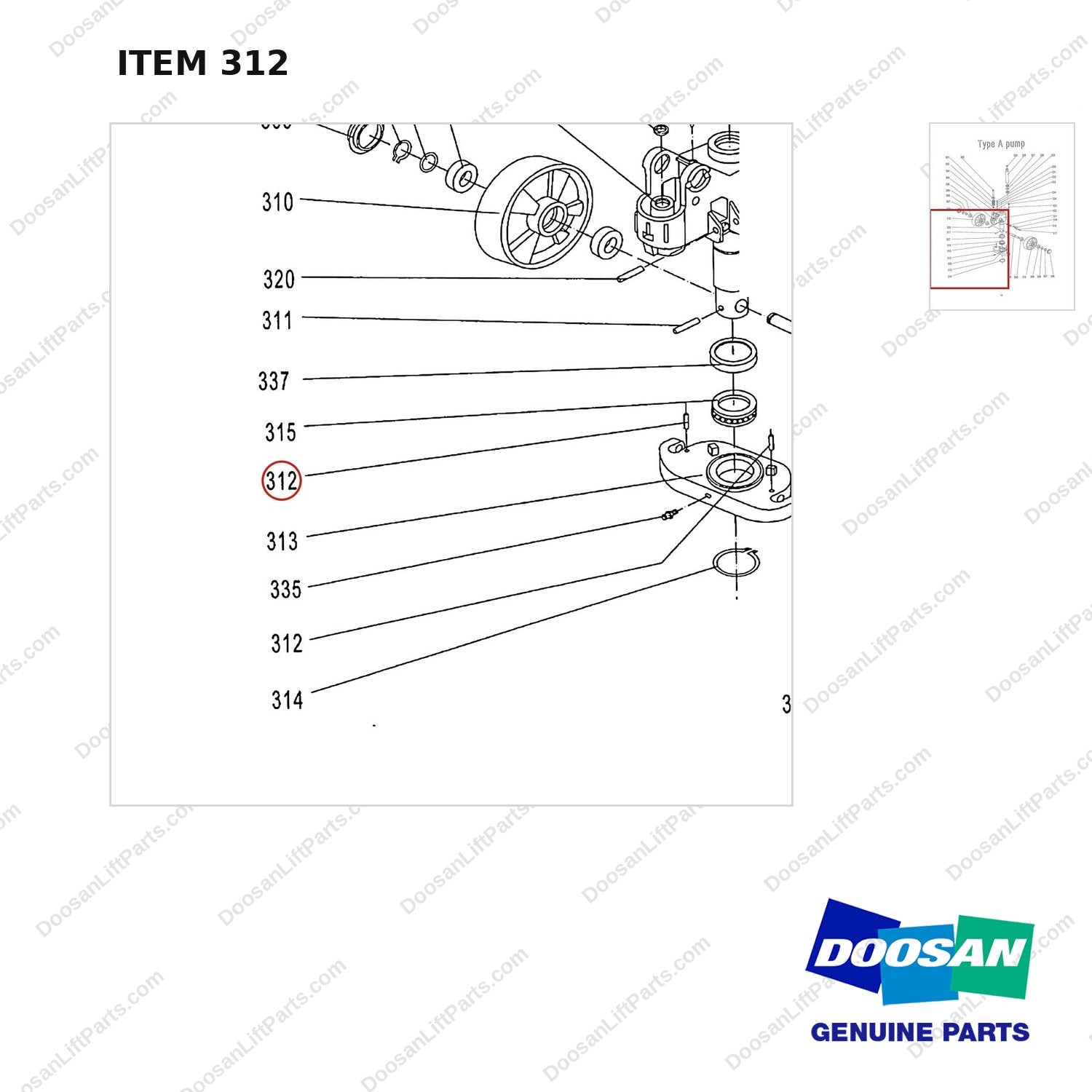 AC312 HPT28 HAND PALLET TRUCK - PUMP - parts diagram, item 312 shown - genuine Doosan / Bobcat forklift part