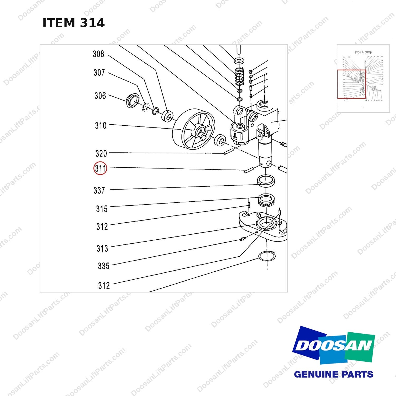 AC314 HPT28 HAND PALLET TRUCK - PUMP - parts diagram, item 314 shown - genuine Doosan / Bobcat forklift part