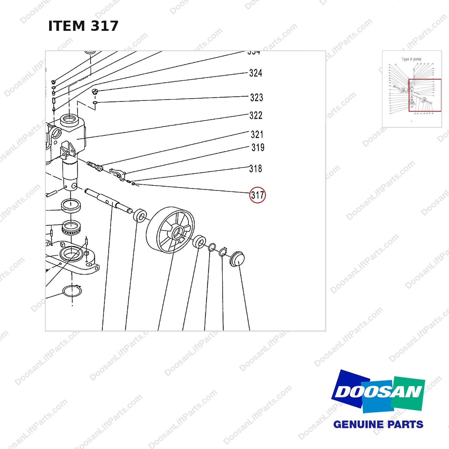 AC317 HPT28 HAND PALLET TRUCK - PUMP - parts diagram, item 317 shown - genuine Doosan / Bobcat forklift part