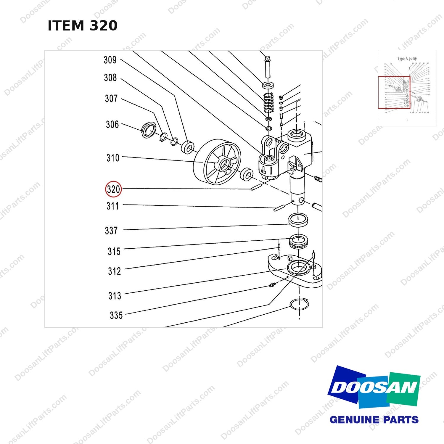 AC320 HPT28 HAND PALLET TRUCK - PUMP - parts diagram, item 320 shown - genuine Doosan / Bobcat forklift part