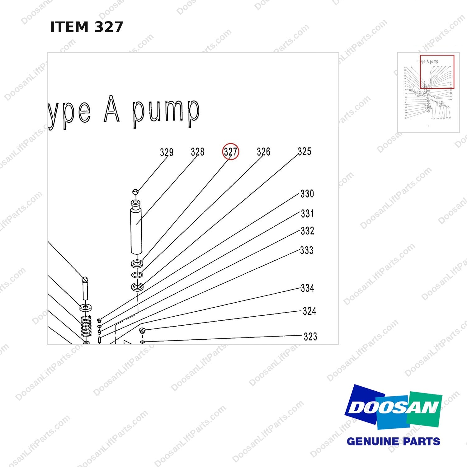 AC327 HPT28 HAND PALLET TRUCK - PUMP - parts diagram, item 327 shown - genuine Doosan / Bobcat forklift part