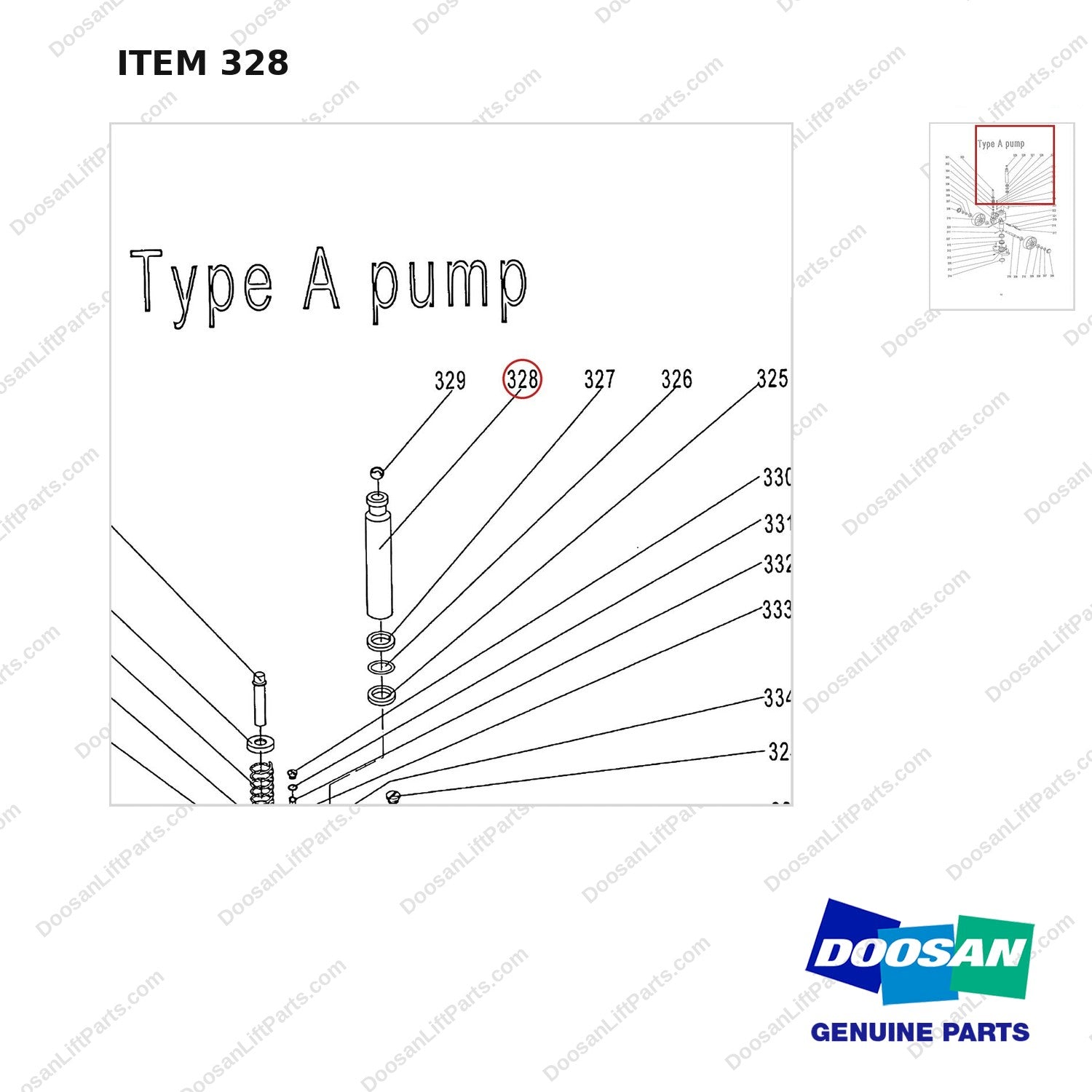 AC328 HPT28 HAND PALLET TRUCK - PUMP - parts diagram, item 328 shown - genuine Doosan / Bobcat forklift part
