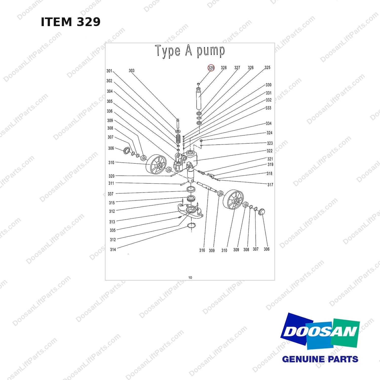 AC329 HPT28 HAND PALLET TRUCK - PUMP - full parts diagram, item 329 marked - genuine Doosan / Bobcat forklift part