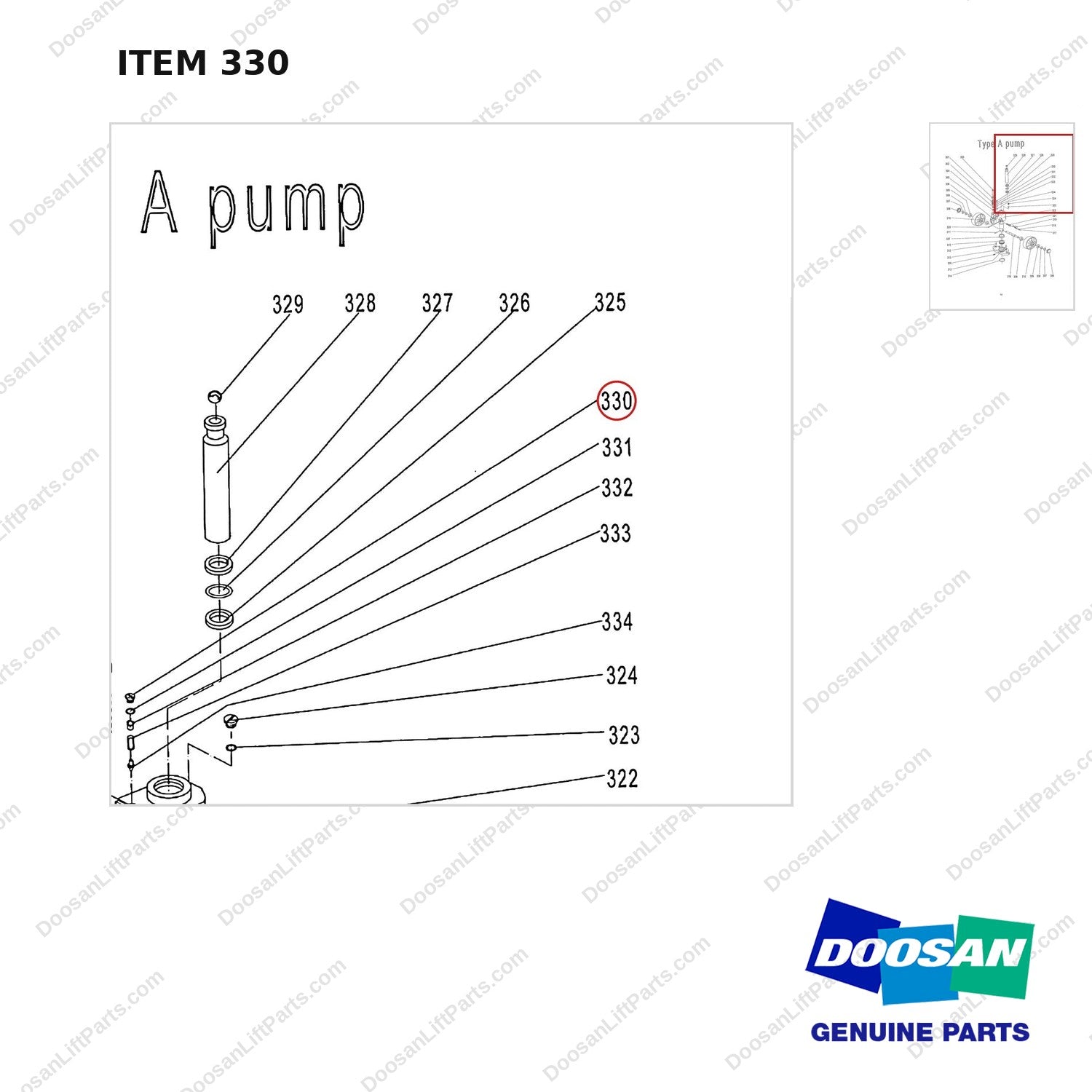 AC330 HPT28 HAND PALLET TRUCK - PUMP - parts diagram, item 330 shown - genuine Doosan / Bobcat forklift part
