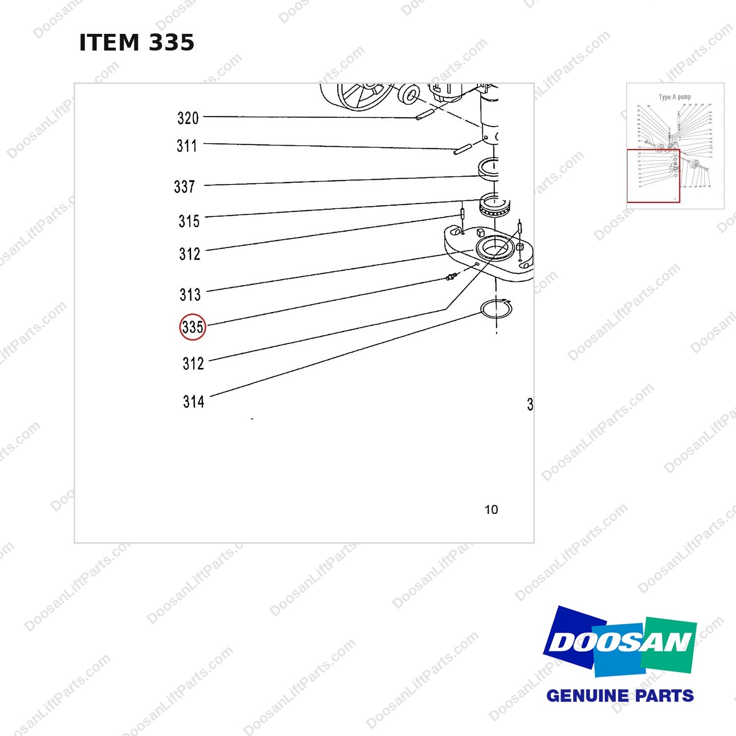 AC335 HPT28 HAND PALLET TRUCK - PUMP - parts diagram, item 335 shown - genuine Doosan / Bobcat forklift part