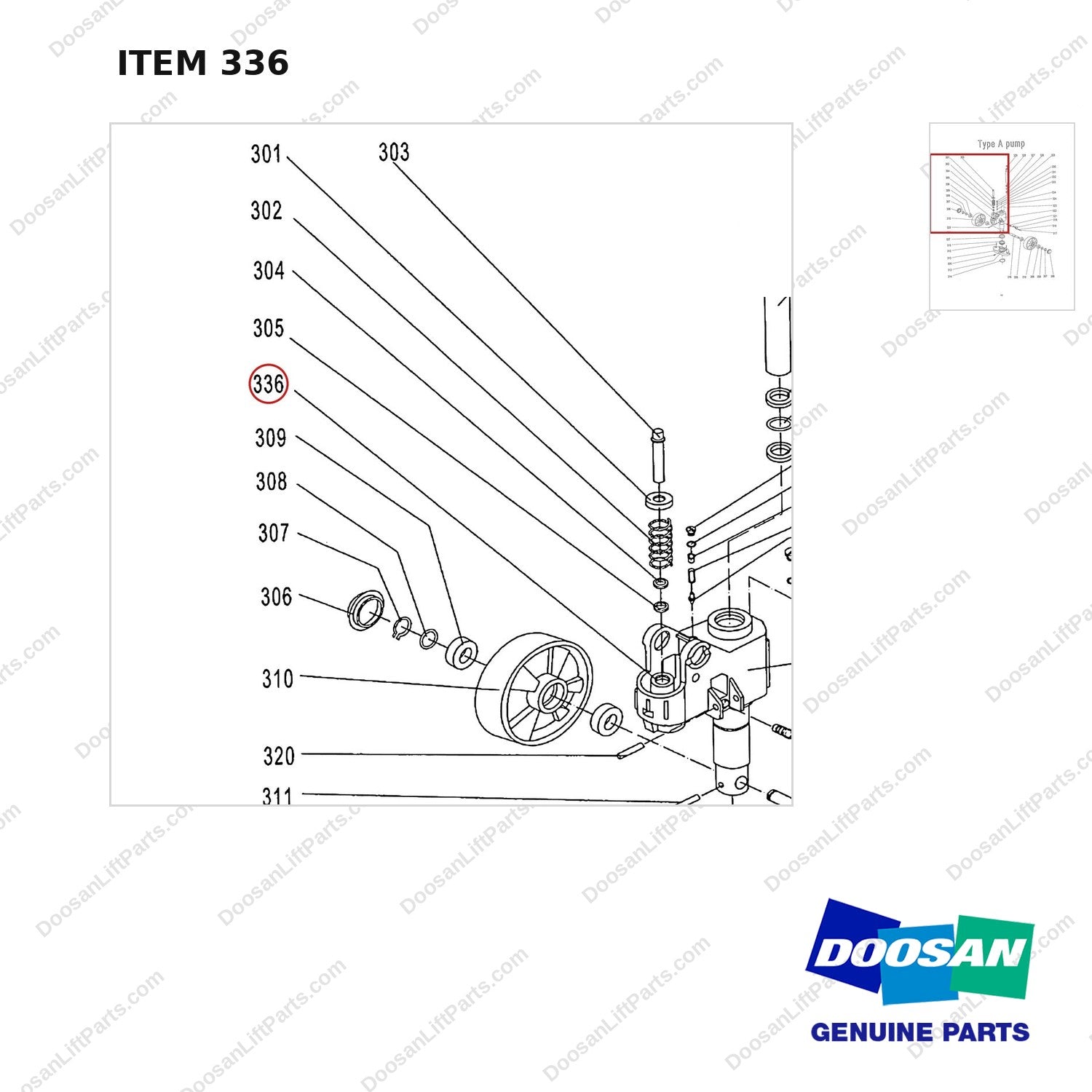 AC336 HPT28 HAND PALLET TRUCK - PUMP - parts diagram, item 336 shown - genuine Doosan / Bobcat forklift part