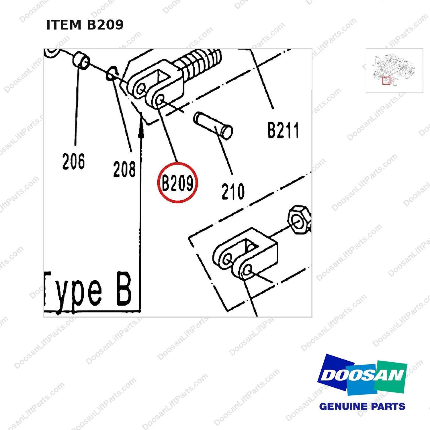 ACB209 HPT28 HAND PALLET TRUCK - FRAME - parts diagram, item B209 shown - genuine Doosan / Bobcat forklift part