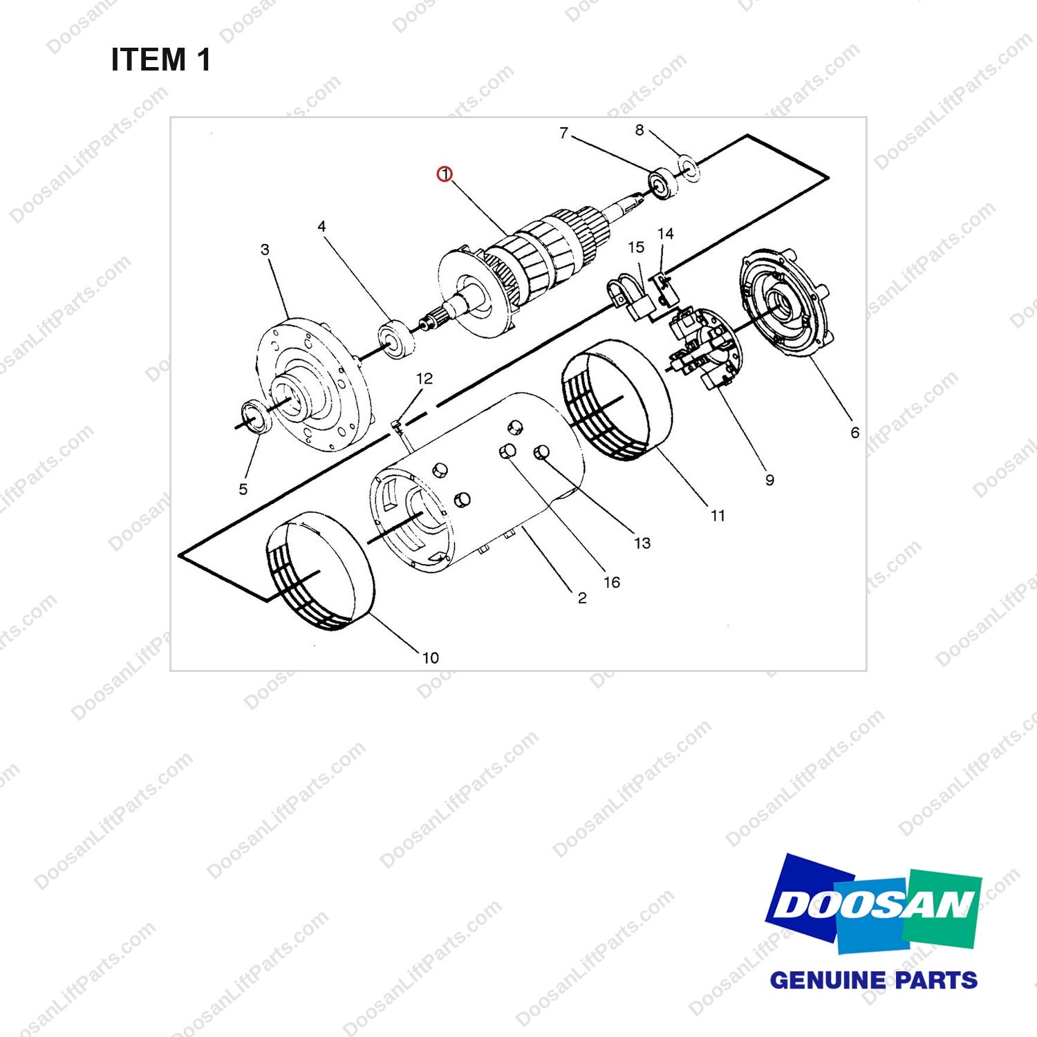 D02-0100 DRIVE MOTOR - full parts diagram, item 1 marked - genuine Doosan / Bobcat forklift part