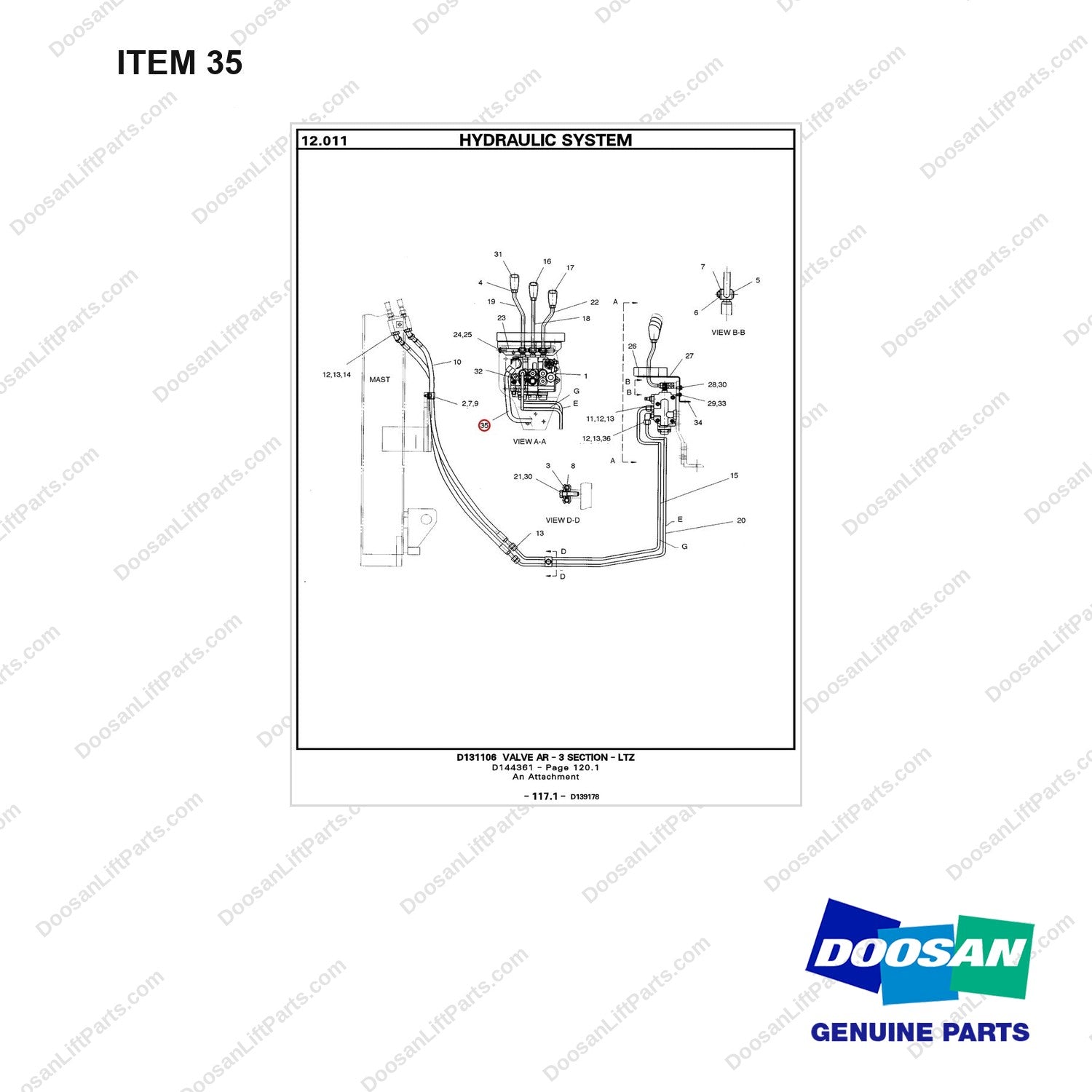D131148 VALVE AR-3 SECTION-LTZ - full parts diagram, item 35 marked - genuine Doosan / Bobcat forklift part