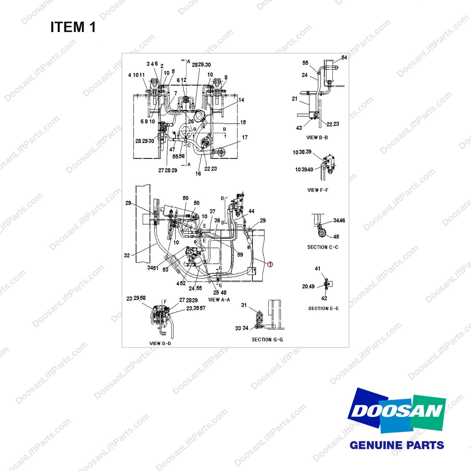 D131160 LINES GP-MAST OPERATING - full parts diagram, item 1 marked - genuine Doosan / Bobcat forklift part