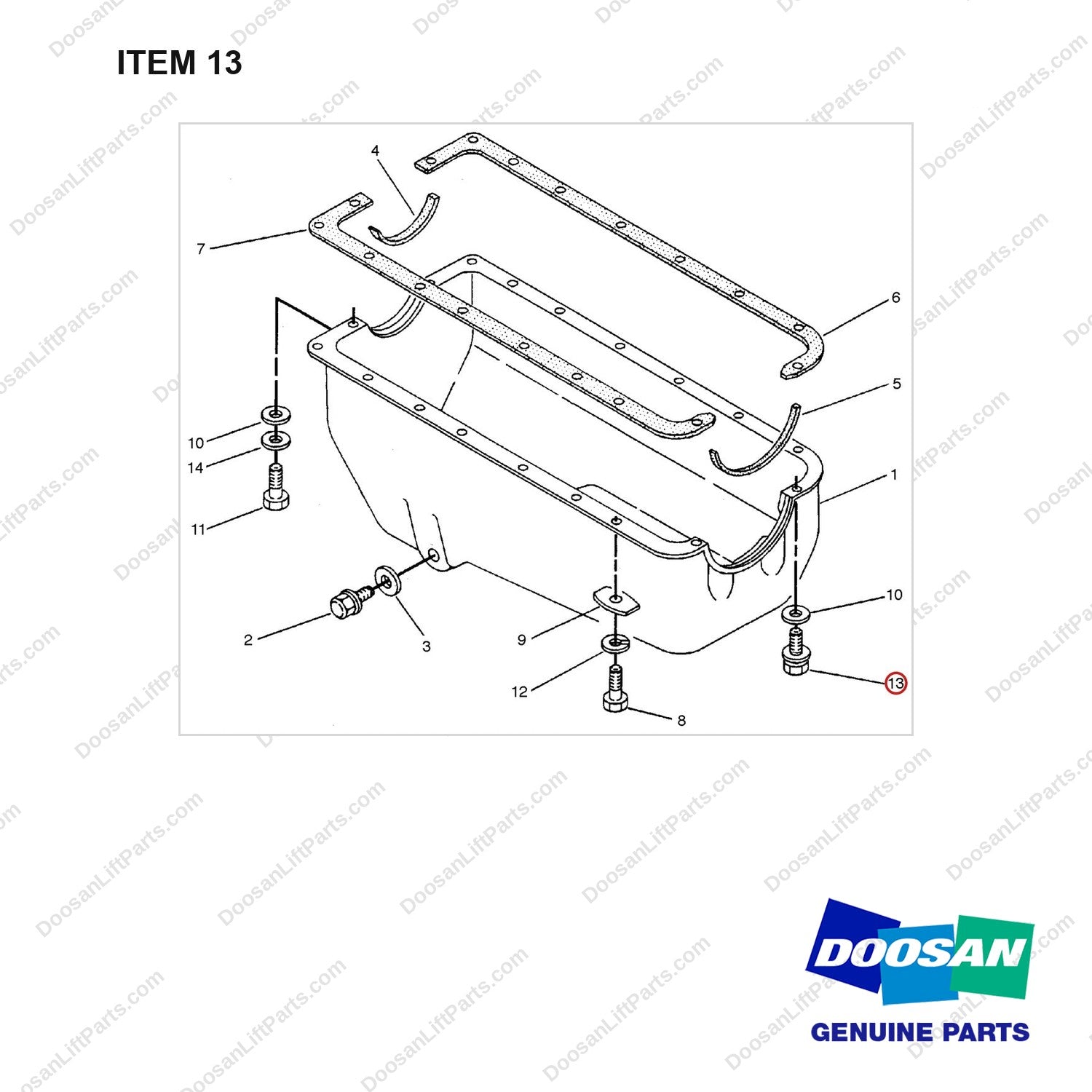 D140281 PAN GP-OIL - full parts diagram, item 13 marked - genuine Doosan / Bobcat forklift part