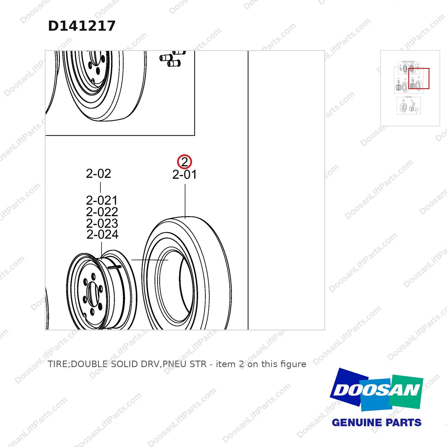 D141217 TIRE;DOUBLE SOLID DRV,PNEU STR - parts diagram, item 2 shown - genuine Doosan / Bobcat forklift part