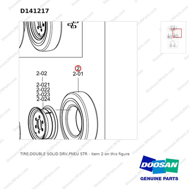 D141217 TIRE;DOUBLE SOLID DRV,PNEU STR - parts diagram, item 2 shown - genuine Doosan / Bobcat forklift part