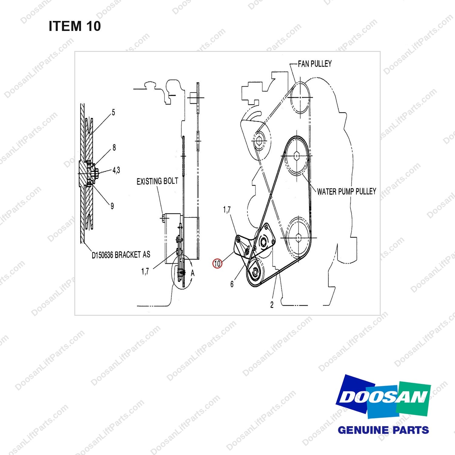 D150640 BELT GP-ACCESSORY DRIVE - 4.2482 E/G - full parts diagram, item 10 marked - genuine Doosan / Bobcat forklift part