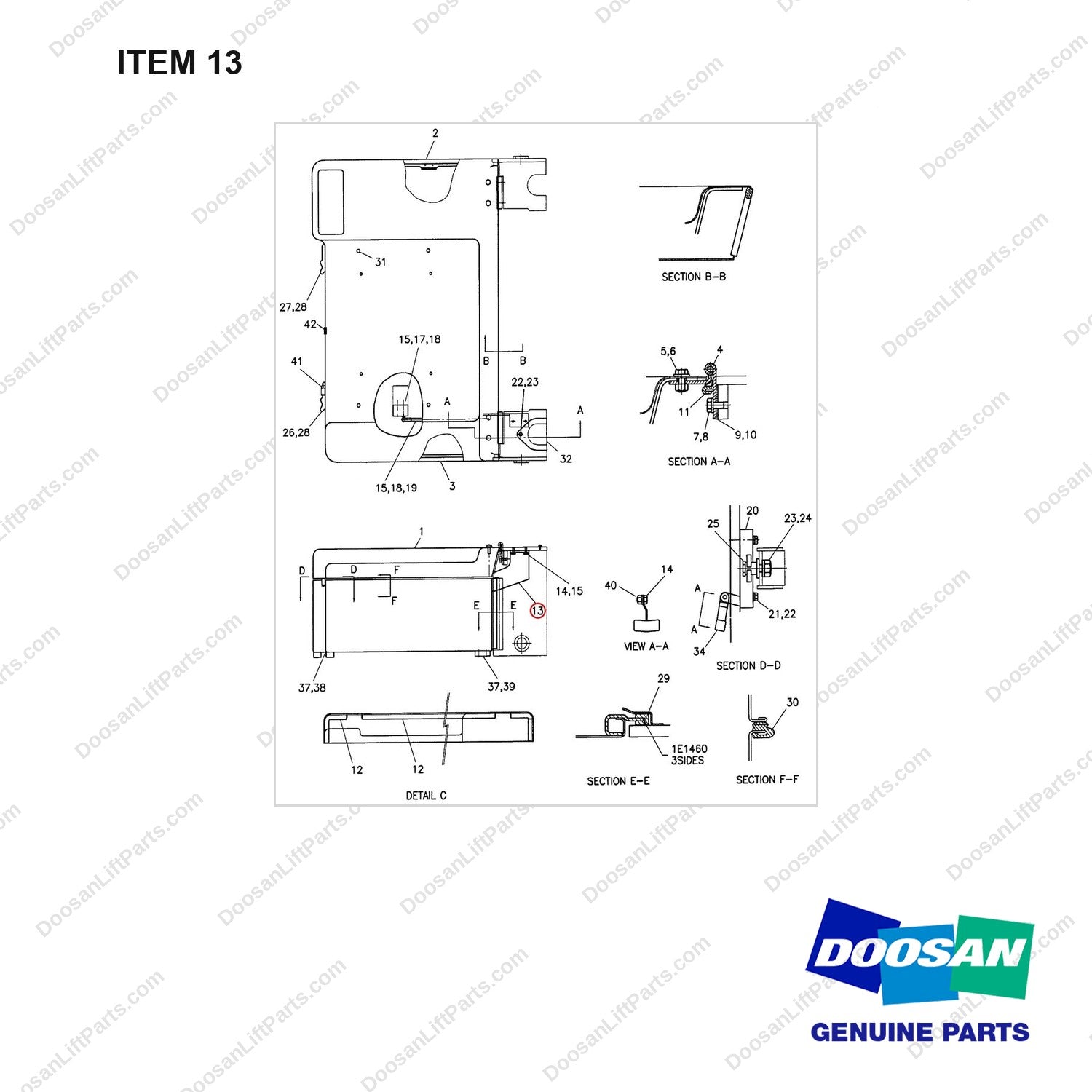 D150691 HOOD GP - full parts diagram, item 13 marked - genuine Doosan / Bobcat forklift part