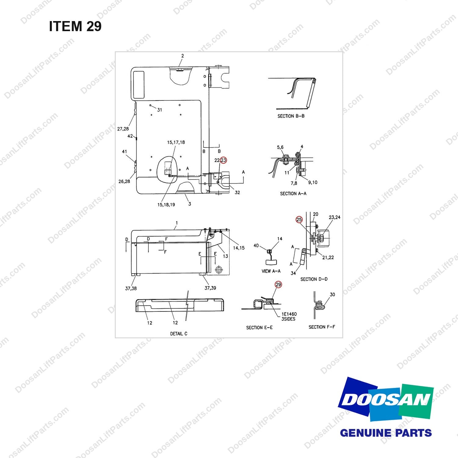 D150692 HOOD GP - full parts diagram, item 29 marked - genuine Doosan / Bobcat forklift part