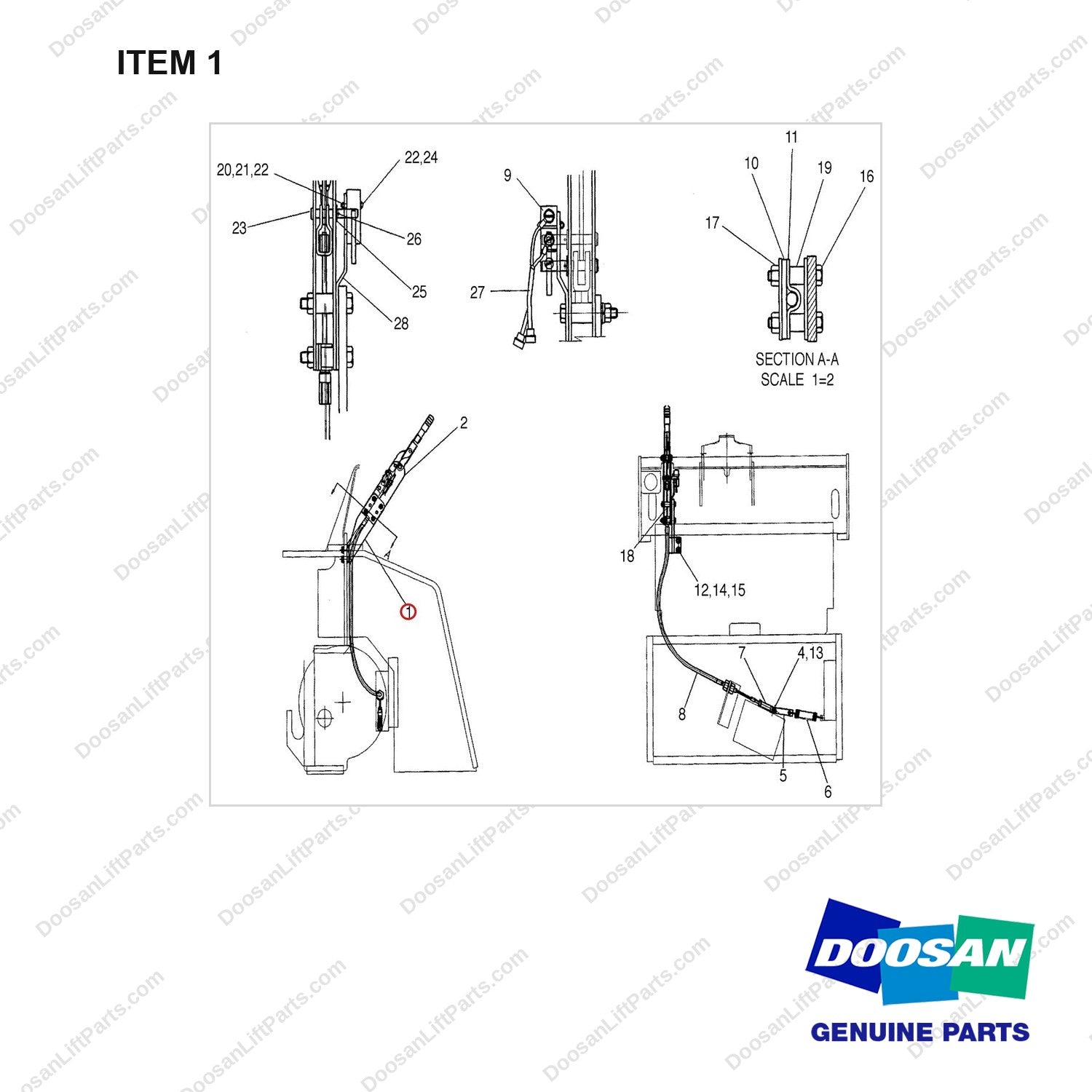 D151068 CONTROL GP-PARKING BRAKE - full parts diagram, item 1 marked - genuine Doosan / Bobcat forklift part