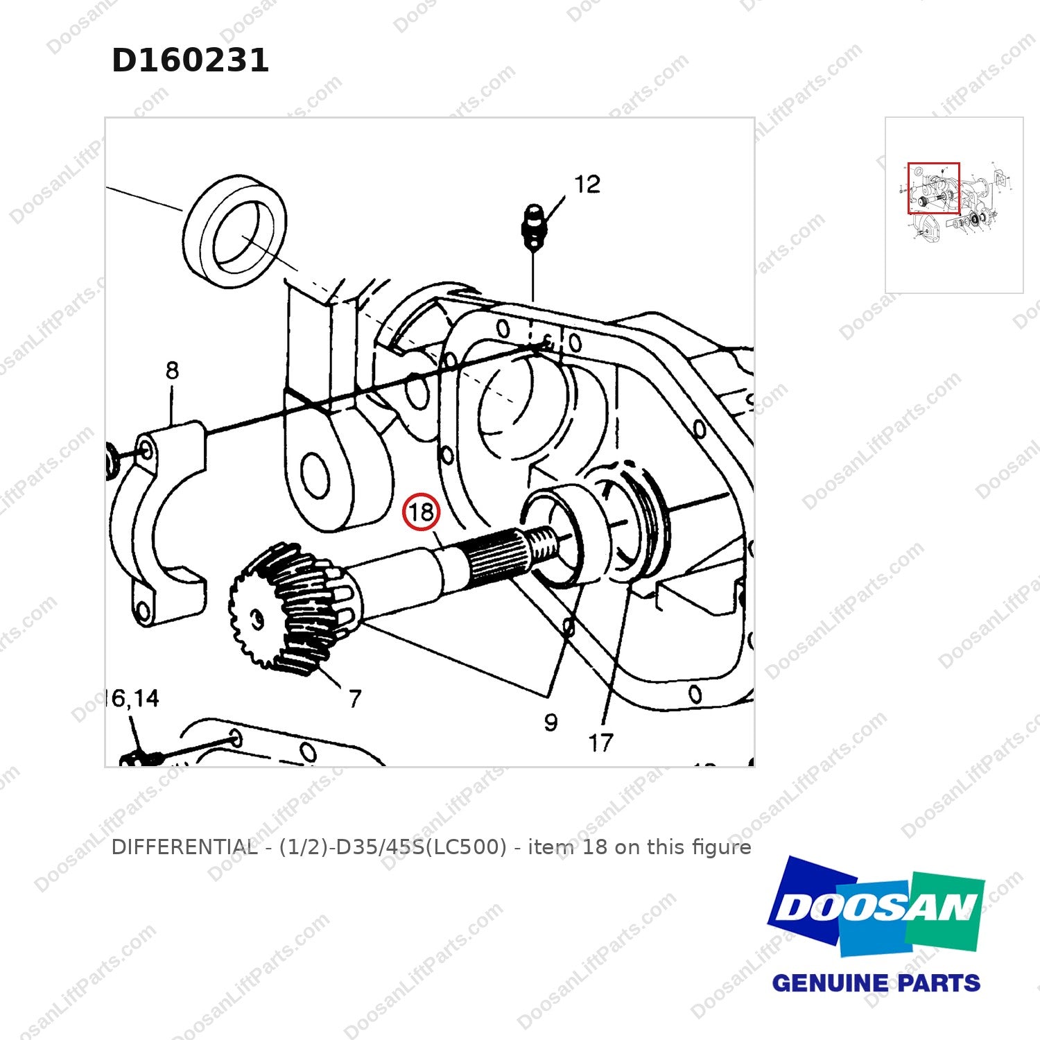 D160231 DIFFERENTIAL - (1/2)-D35/45S(LC500) - parts diagram, item 18 shown - genuine Doosan / Bobcat forklift part