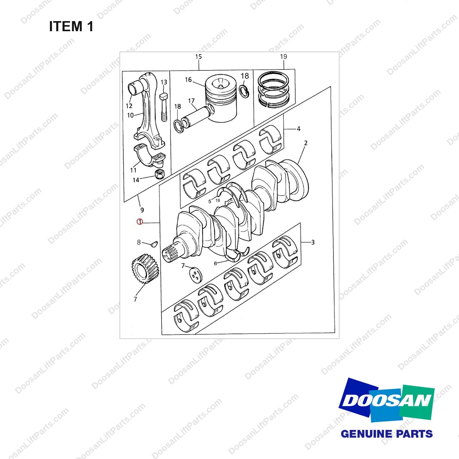 D160946 CRANKSHAFT.PISTON & CON.RODS GP(1004.4 E/G) - full parts diagram, item 1 marked - genuine Doosan / Bobcat forklift part