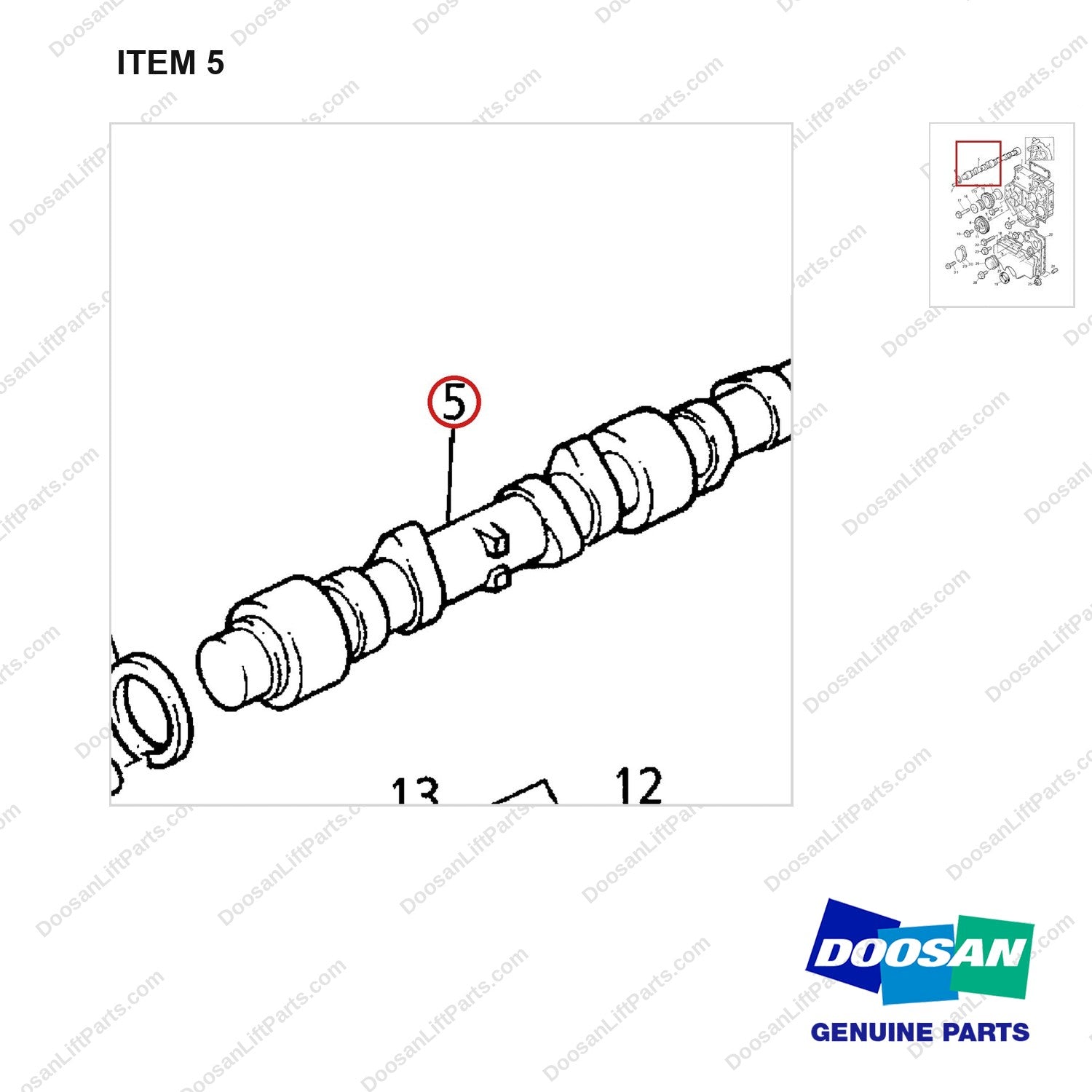 D160953 CAMSHAFT GP(1004.4 E/G) - parts diagram, item 5 shown - genuine Doosan / Bobcat forklift part