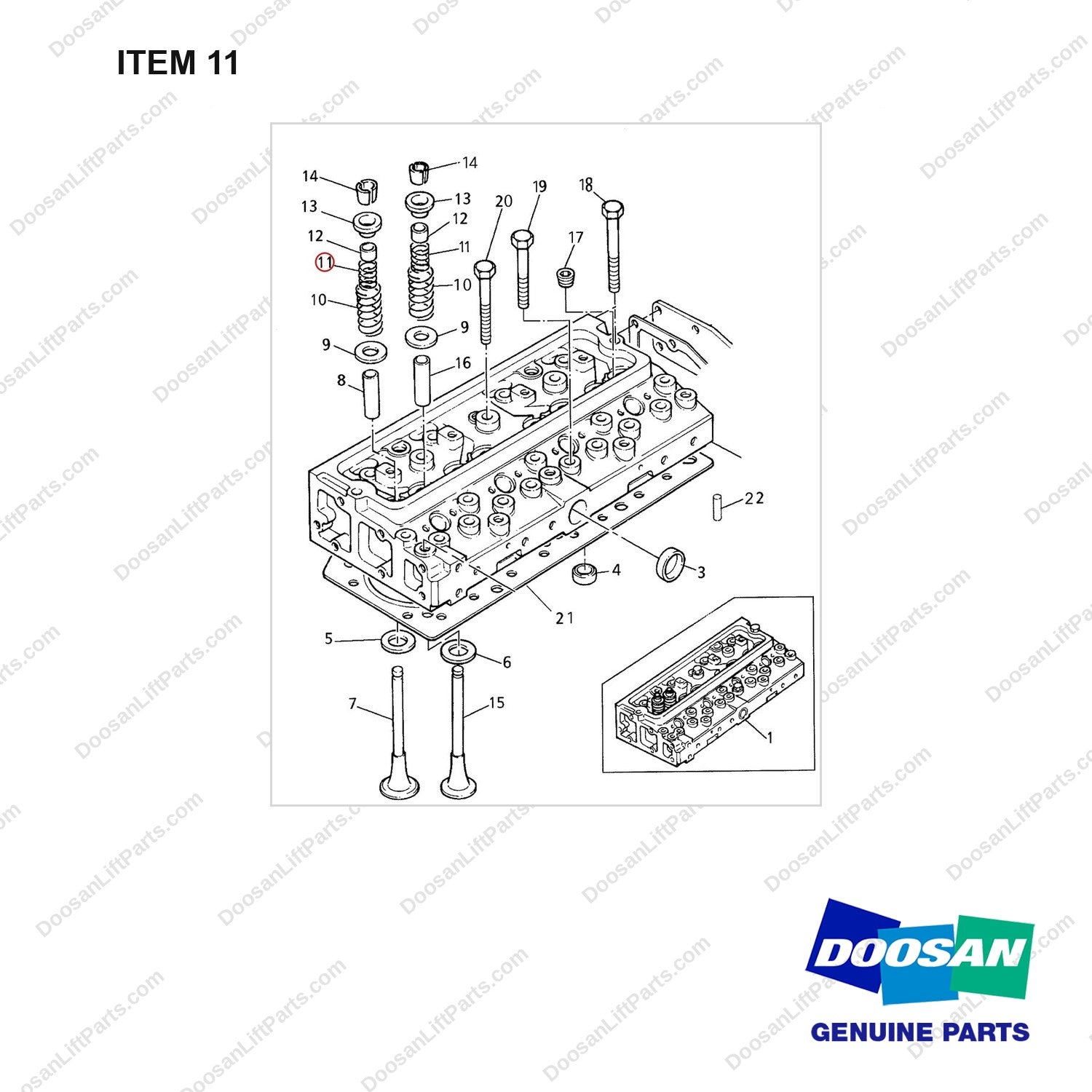 D160957 CYLINDER HEAD GP(1004.4 E/G) - full parts diagram, item 11 marked - genuine Doosan / Bobcat forklift part
