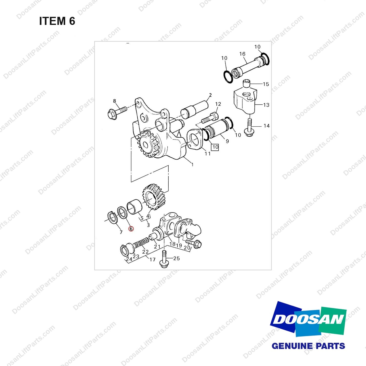 D160973 OIL PUMP GP - 1004 E/G - full parts diagram, item 6 marked - genuine Doosan / Bobcat forklift part