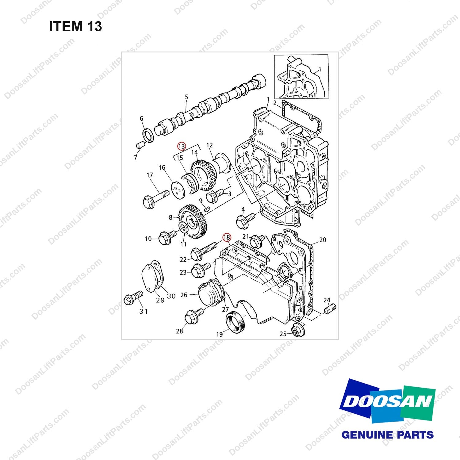 D161022 CAMSHAFT GP(1004.4 E/G) - full parts diagram, item 13 marked - genuine Doosan / Bobcat forklift part