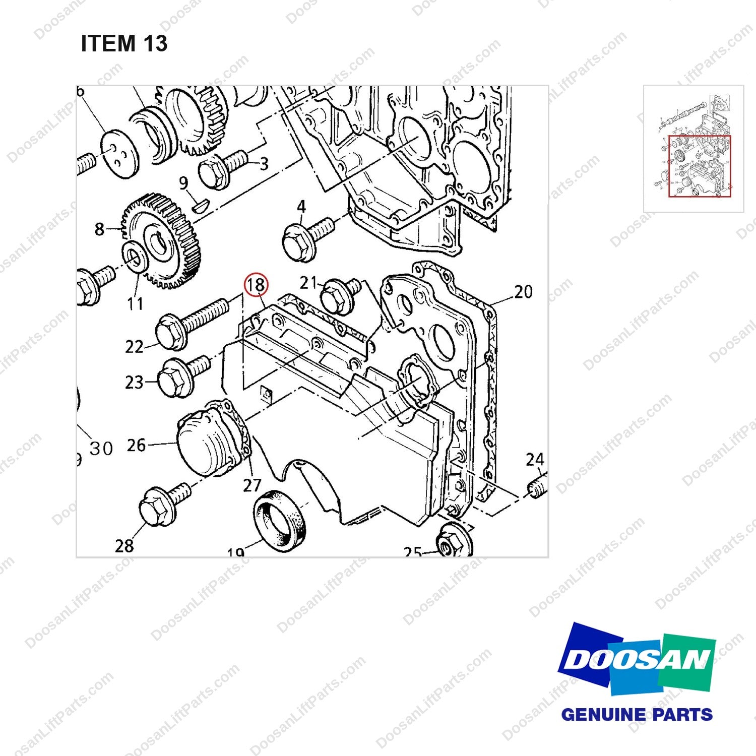 D161022 CAMSHAFT GP(1004.4 E/G) - parts diagram, item 13 shown - genuine Doosan / Bobcat forklift part