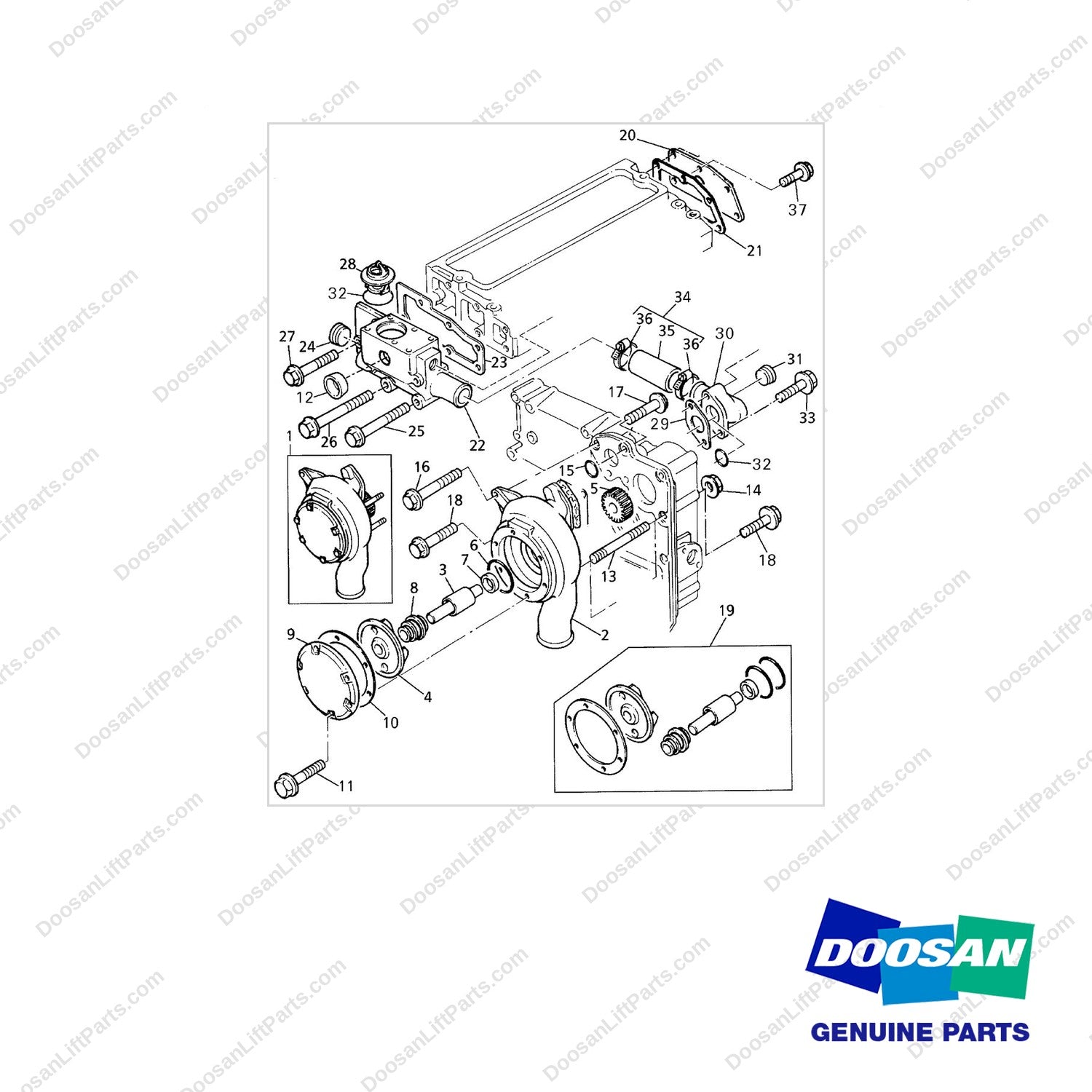 D161054 WATER PUMP GP - 1004 E/G - full parts diagram - genuine Doosan / Bobcat forklift part