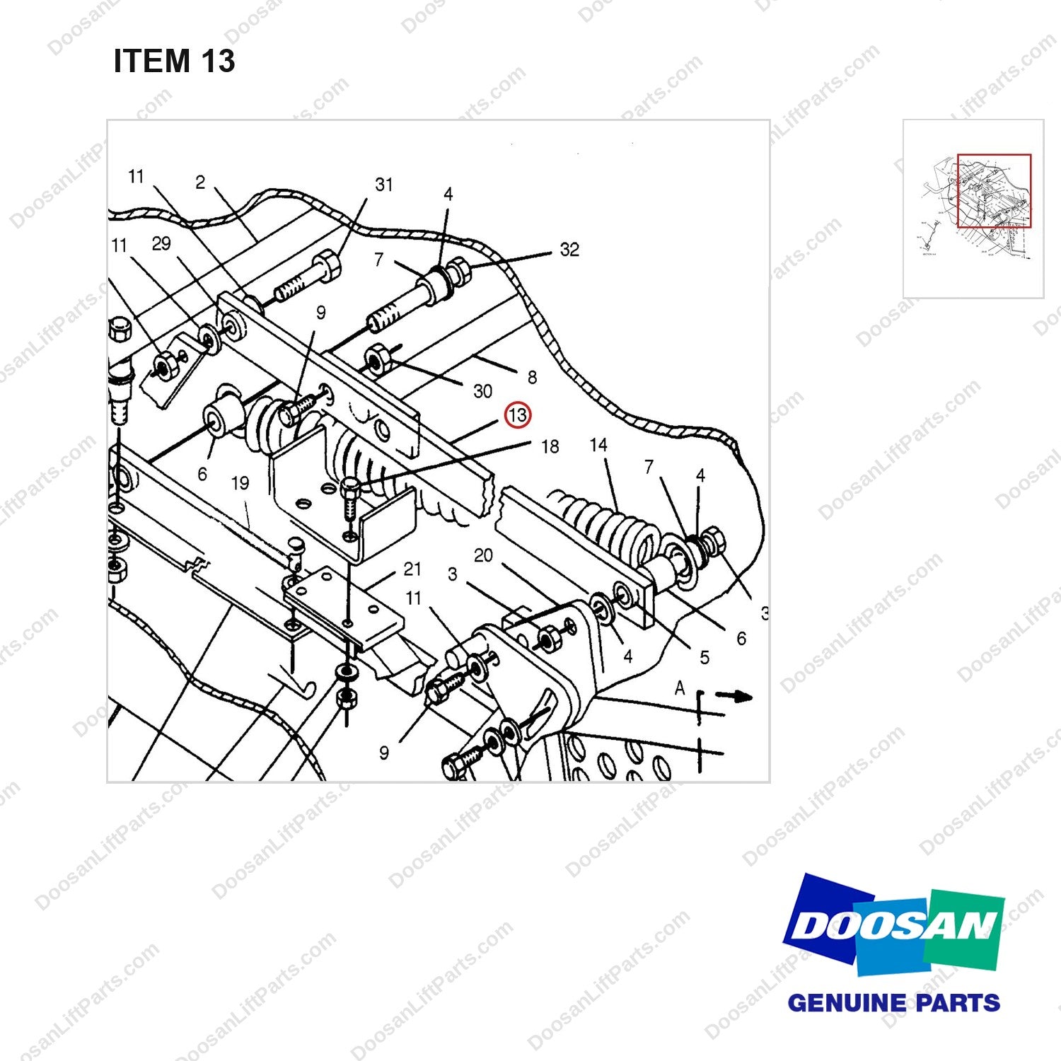D172411 HOOD GP - parts diagram, item 13 shown - genuine Doosan / Bobcat forklift part