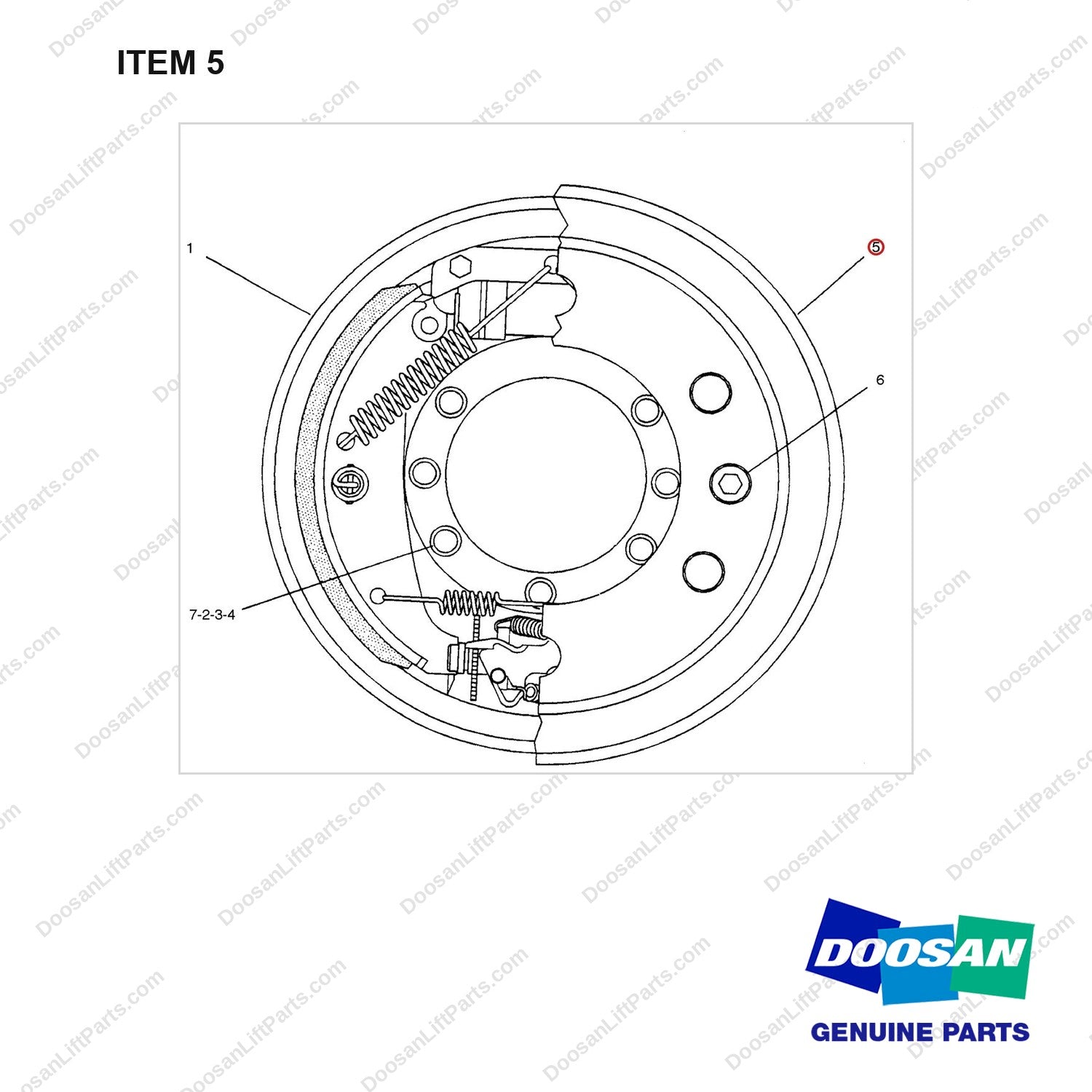 D180122 BRAKE GP-WHEEL - full parts diagram, item 5 marked - genuine Doosan / Bobcat forklift part