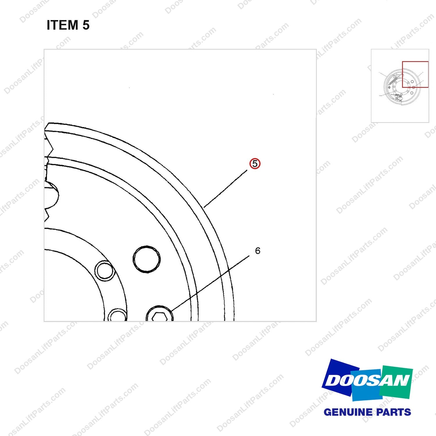 D180122 BRAKE GP-WHEEL - parts diagram, item 5 shown - genuine Doosan / Bobcat forklift part