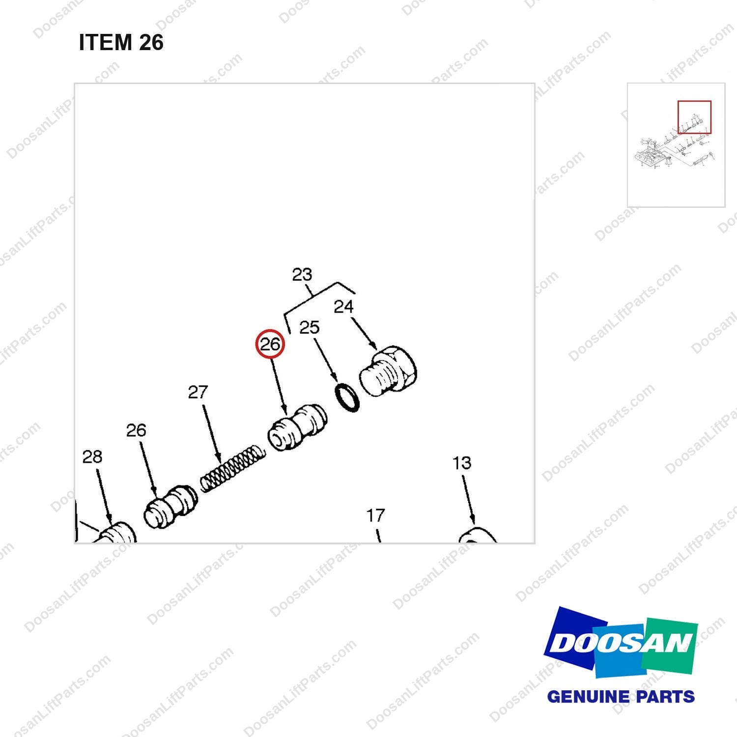 D180326 VALVE AS - parts diagram, item 26 shown - genuine Doosan / Bobcat forklift part