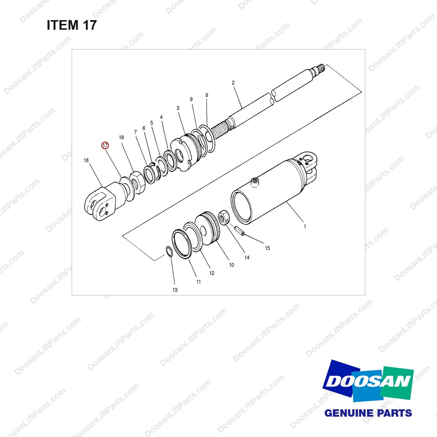 D184124 CYLINDER - TILT - full parts diagram, item 17 marked - genuine Doosan / Bobcat forklift part