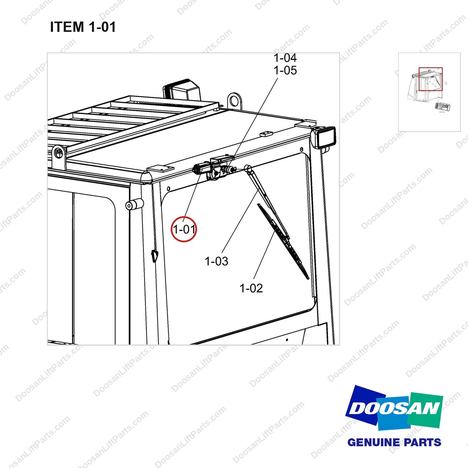 D187119-AM Changeover Ar.-Rear Wiper - parts diagram, item 1-01 shown - genuine Doosan / Bobcat forklift part