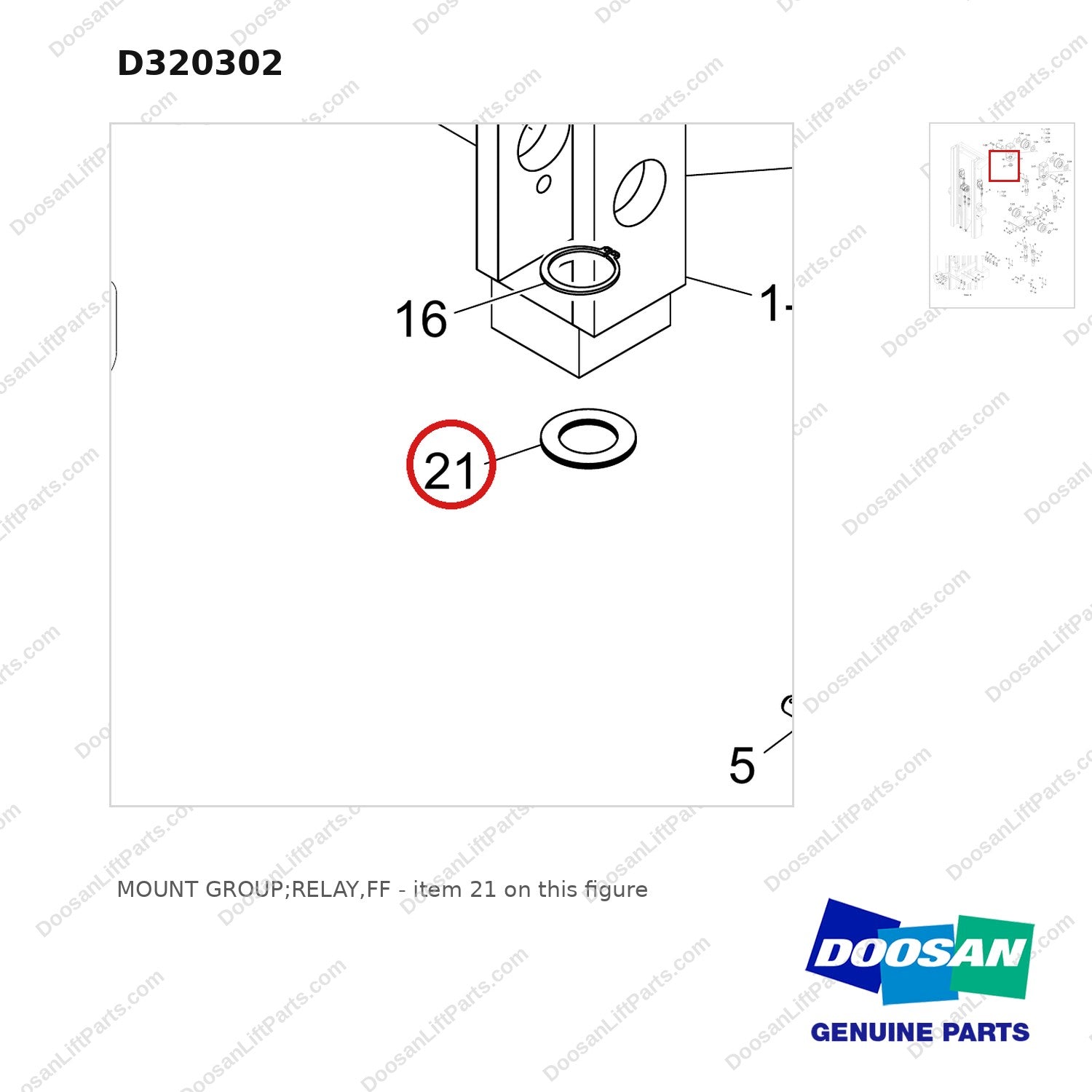 D320302 MOUNT GROUP;RELAY,FF - parts diagram, item 21 shown - genuine Doosan / Bobcat forklift part