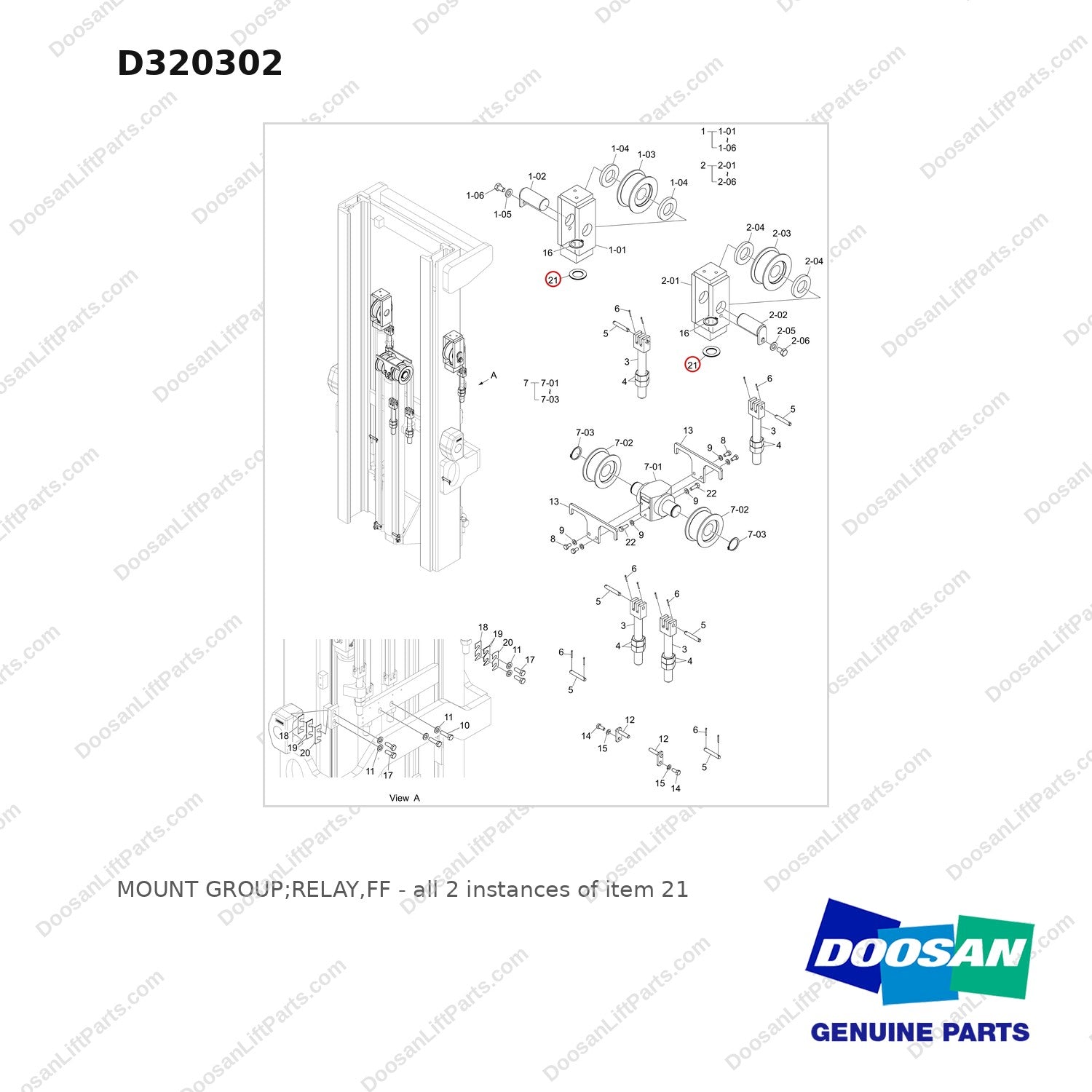 D320302 MOUNT GROUP;RELAY,FF - full parts diagram, item 21 marked - genuine Doosan / Bobcat forklift part