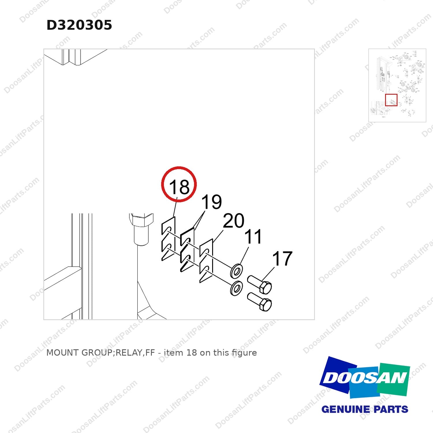 D320305 MOUNT GROUP;RELAY,FF - parts diagram, item 18 shown - genuine Doosan / Bobcat forklift part