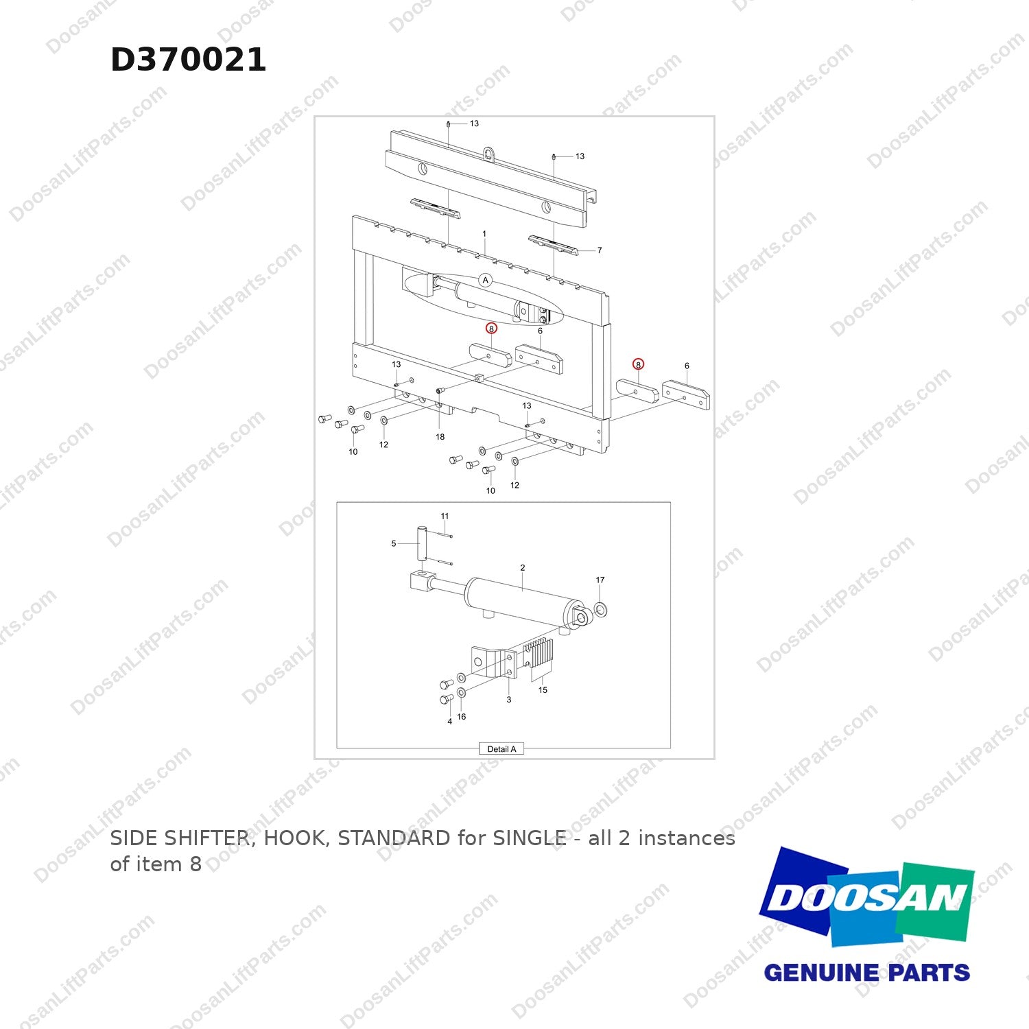 D370021 SIDE SHIFTER, HOOK, STANDARD for SINGLE - full parts diagram, item 8 marked - genuine Doosan / Bobcat forklift part
