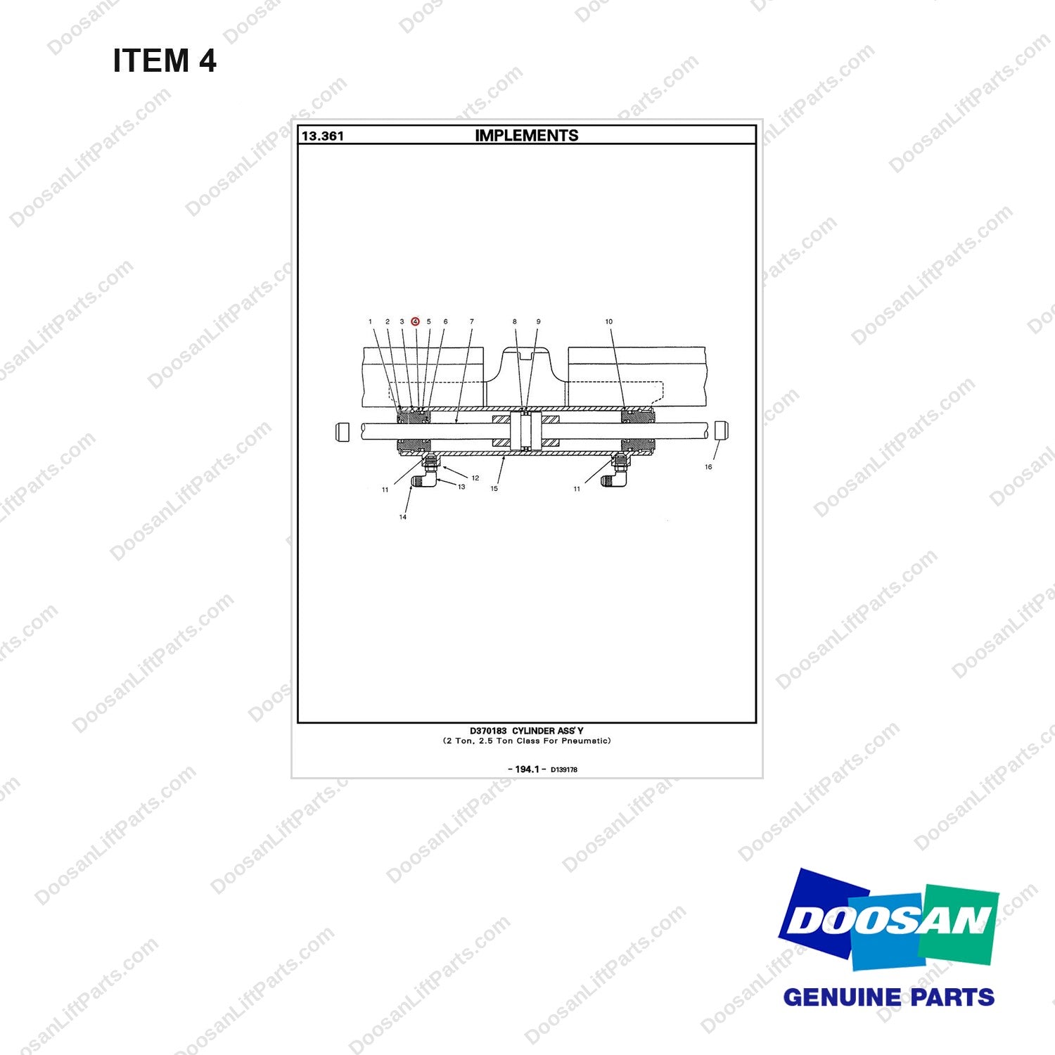 D370194 CYLINDER ASS,Y CL2 - full parts diagram, item 4 marked - genuine Doosan / Bobcat forklift part