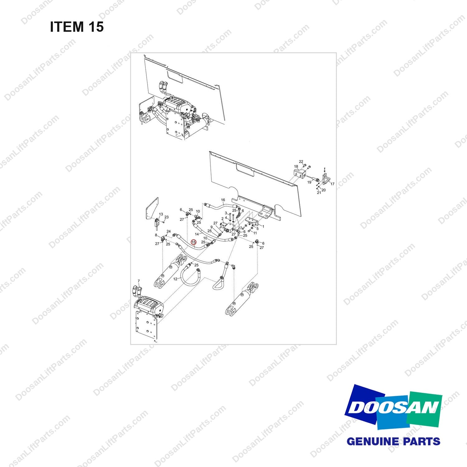 D420261 ARRANGEMENT,CHANGEOVER;AUTO TILT LEVELIN - full parts diagram, item 15 marked - genuine Doosan / Bobcat forklift part