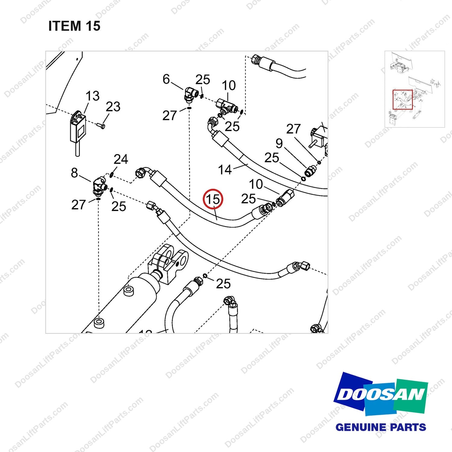 D420261 ARRANGEMENT,CHANGEOVER;AUTO TILT LEVELIN - parts diagram, item 15 shown - genuine Doosan / Bobcat forklift part
