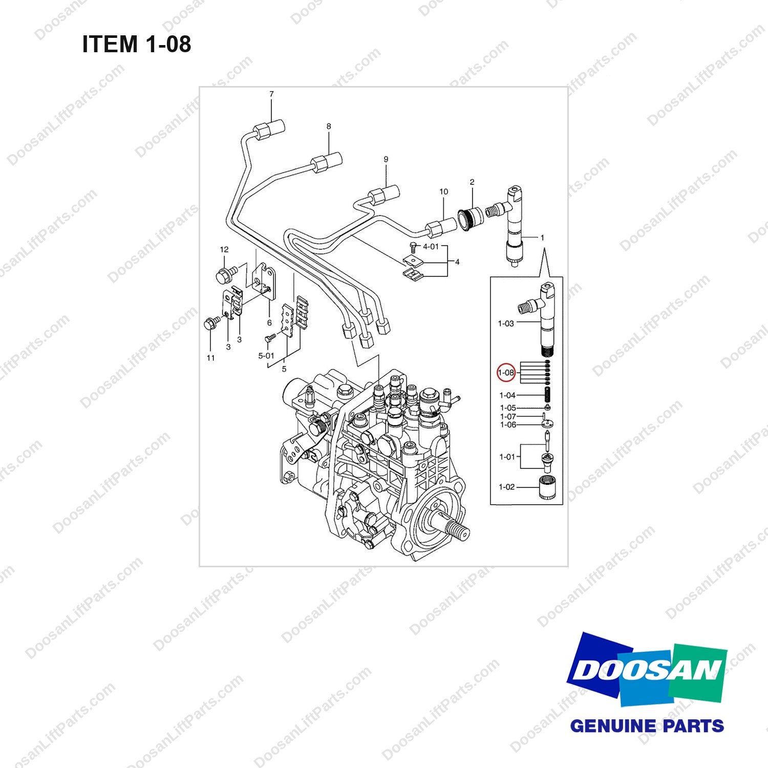 D460407 Fuel Injection Valve Gp - full parts diagram, item 1-08 marked - genuine Doosan / Bobcat forklift part