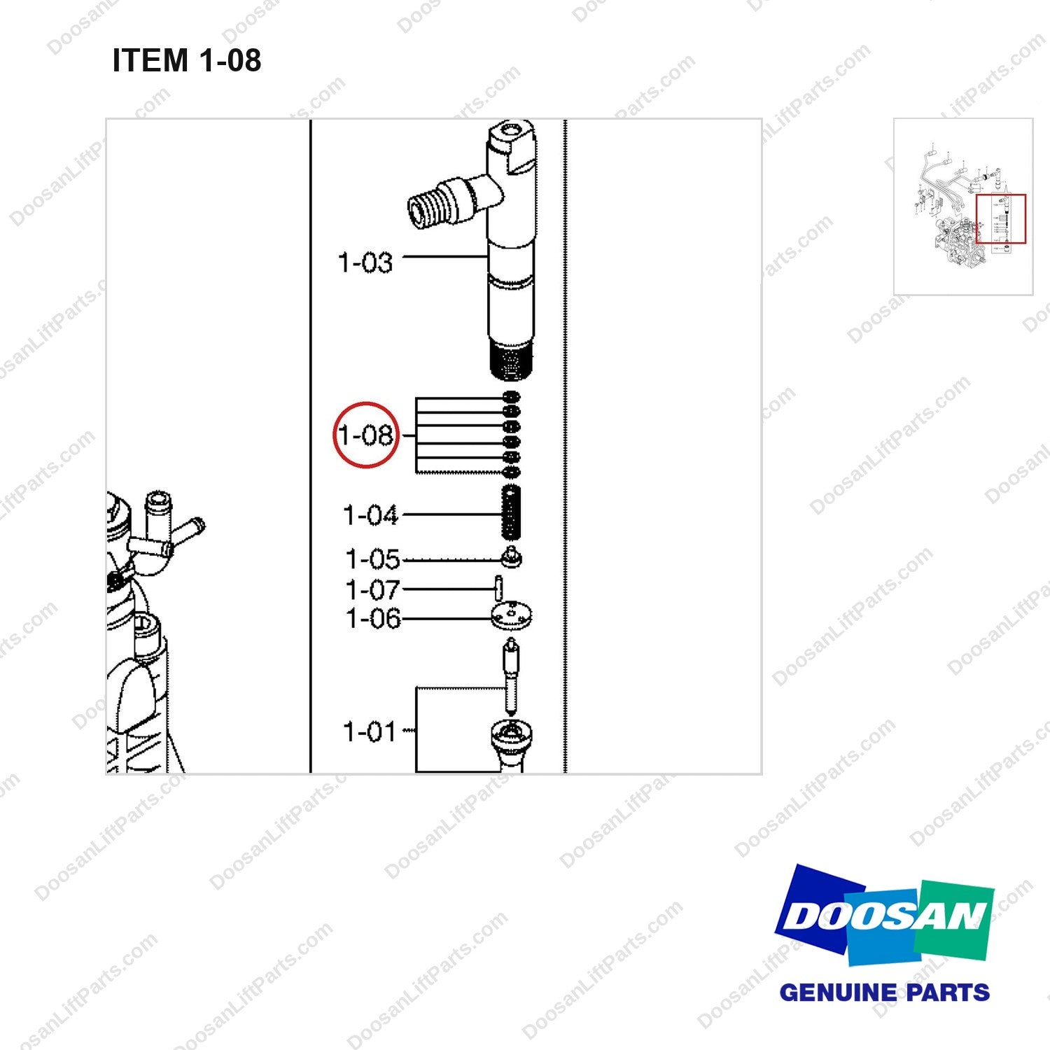 D460407 Fuel Injection Valve Gp - parts diagram, item 1-08 shown - genuine Doosan / Bobcat forklift part